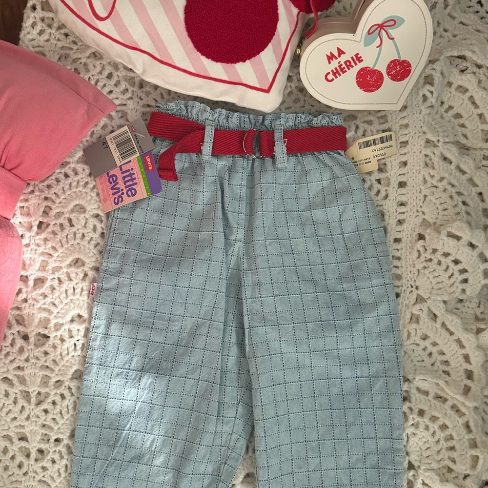 Vintage Levi's Kids Casual Blue Checkered Bottoms with Red Belt